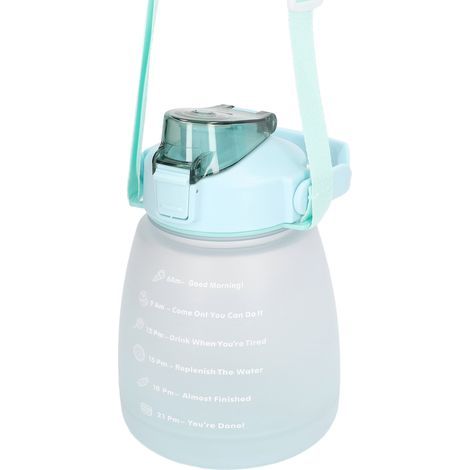 Sport-Trinkflasche mit Strohhalm und Schultergurt, 1400 ml, Fahrradstil, großes Fassungsvermögen, hellblau, mit der Aufschrift „Time Stamps“. (1/5)