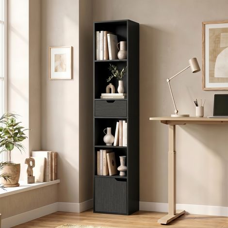 Bibliothèque, étagère à livres, meuble de rangement avec tiroir placard compartiments ouvertes, 30 x 24 x 158 cm, noir (1/5)