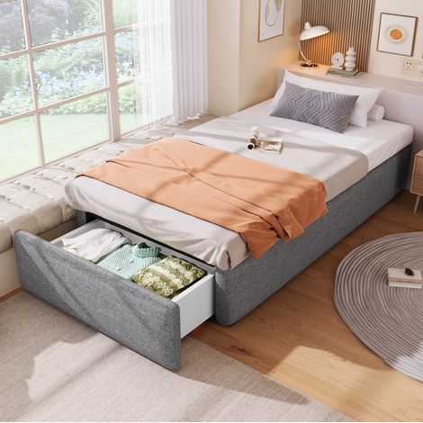 Lit 90x200 cm gris – avec rangement hydraulique et tiroir, sans matelas (1/5)