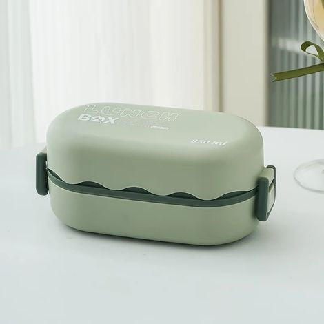 (Vert) Boîte à lunch à double couche, compatible avec le micro-ondes, boîte bento en plastique, étanche. (1/2)