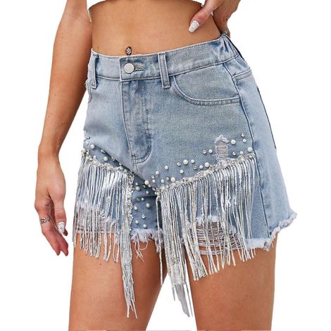 Damenshorts aus weichem und bequemem Polyester, verziert mit Strasssteinen und Rüschen, ideal zum Einkaufen, blau, Größe L. (1/5)