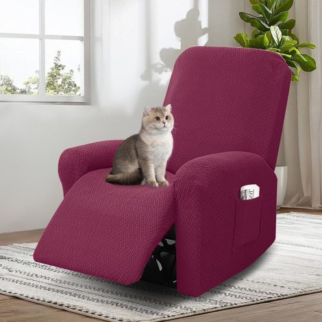 Housse pour Fauteuil Relax Electrique, 4 Pièces Housse de Fauteuil Extensible, Housse de Fauteuil 1 Place, Protege Fauteuil avec Protège-Accoudoirs et Poche (Vin Rouge) (1/5)