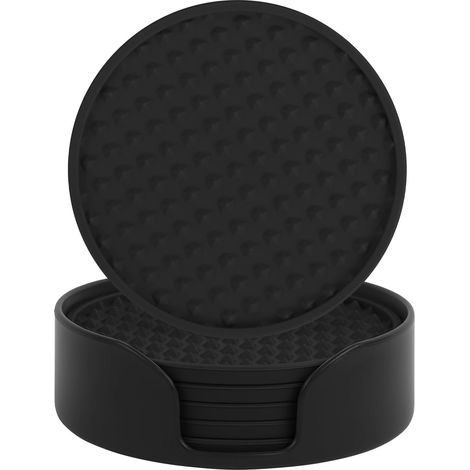 Set di 6 sottobicchieri in silicone nero con supporto, rotondi e antiscivolo, ideali per bevande. (1/5)