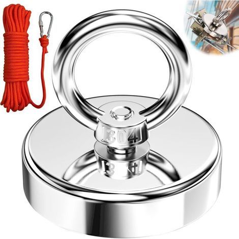 Aimant de Pêche Super Puissant, Diamètre 60 mm 140KG force de traction , Crochet Magnétique pour Pêche À L'Aimant, Récupération de Rivière, l'aventure en Plein Air avec corde de 6 mm x 10 m (1/4)