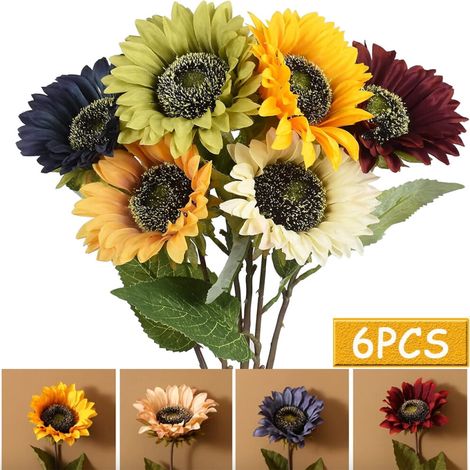 Tournesols en soie de 63,5 cm (25 pouces), lot de 6 tournesols très réalistes avec tiges, fleurs artificielles vendues en gros, idéales pour la décoration de la maison, des mariages et des fêtes.