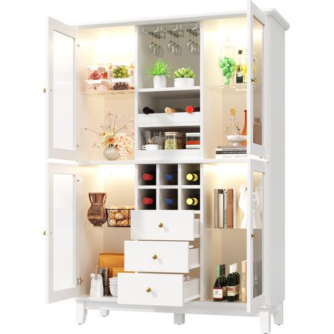 Vaisselier LED avec application, 3 tiroirs, étagères réglables et porte-verres, meuble de rangement 120 x 40 x 180,5 cm, blanc pour salon - CHICFURN (1/5)