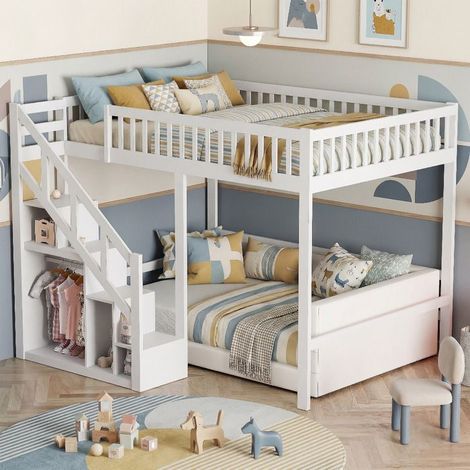 Letto soppalco per bambini 90x200 cm, Scale di stoccaggio, letto singolo Alta Recinzione, legno massello, Bianco (1/5)