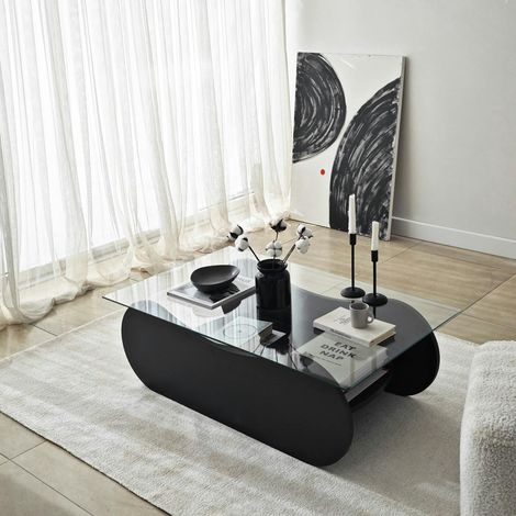 Table basse en verre, base luge noire avec rangement SALTA (1/5)