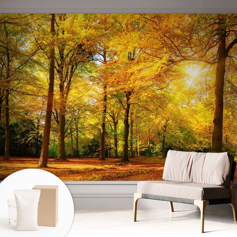 Papier peint intissé décoratif avec colle pour salon chambre et bureau Installation rapide Feuilles dorées 312x219 cm (1/5)