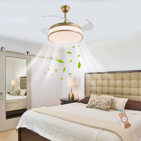 Ventilador de techo dorado integrado con función de iluminación y mando a distancia, ventilador invisible retráctil, LED tricolor regulable, velocidad del viento de 6 niveles, 42 pulgadas (1/5)