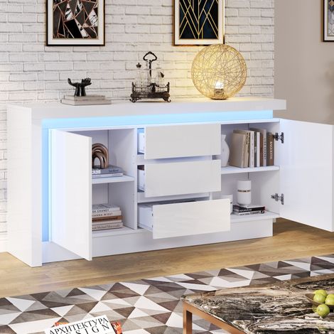 1403572cm Sideboard,Kommode für das Schlafzimmer,Wohnzimmer,Beistelltisch mit 3 Schubladen,Schrank mit verstellbaren Einlegeböden und 2 Türen,Hochglanz Sofa Beistellschrank mit LED,Weiß (1/5)