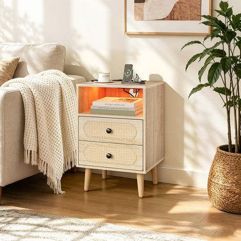 WOLTU Mesita de noche con iluminación LED ajustable, estilo bohemio, con 2 cajones y 1 compartimento abierto mesa auxiliar para dormitorio o sala de estar, color roble claro (1/5)
