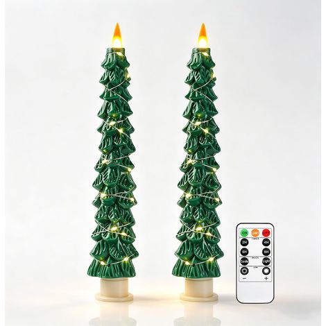 2 Bougies LED en Forme de Sapin Vert, Bougies sans Flamme avec Guirlande de Cuivre, Effet de Flamme Réaliste Amélioré pour Décoration de Noël (1/4)