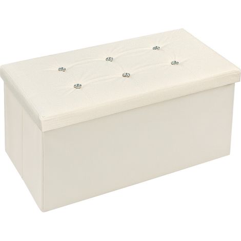 Cassapanca Contenitore Pouf Portaoggetti Poggiapiedi Diamante Strass Swarovski Tinta Unita 76x38x38 cm - Beige