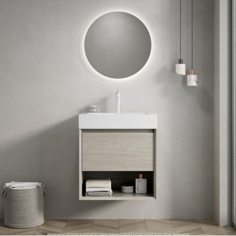 Waschbeckenunterschrank hängend 55 cm modern in Eiche hell mit integriertem Resin-Waschbecken, 1 Schublade, offenes Fach (1/5)