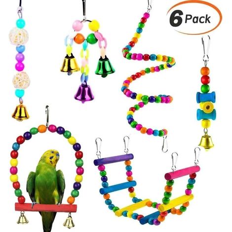 Lot de 6 Jouets pour Oiseau pour Perroquet, Jouets à Suspendre avec Clochette, Mâcher, Balançoires, Échelles, Décoration Animal Cages pour Oiseaux, Perruches, Oiseaux inséparables, Aras. (1/5)