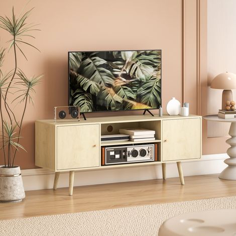 TV-Ständer für Fernseher bis 55 Zoll, 2 Schränke und 2 offene Regalfächer, 120 x 34 x 50 cm, Holzoptik. (1/5)