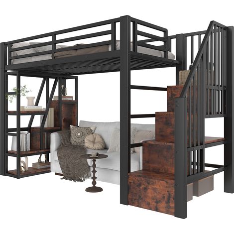 Lit mezzanine enfant 90 x 200 cm avec LED multicolore, rangements intégrés, escalier et barrières de sécurité, structure métal et MDF noir - CHICFURN (1/5)