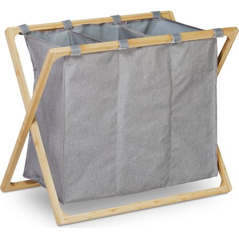 Cesto portabiancheria a 3 scomparti pieghevole design moderno 70 x 40 x 60 cm in bambù naturale grigio 130008536
