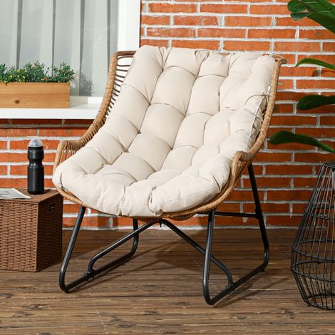Fauteuil de jardin style rotin, avec coussin, structure en métal, 75 x 101 x 90 cm, naturel/kaki/noir (1/5)