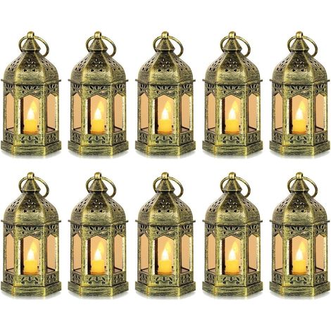 Mini Lanterne LED Exterieur - Lot de 10 Lanterne Bougie doré Decorative Bougeoir pour Halloween, Mariage, Noel, Decoration de Table, Piles Incluses (1/5)