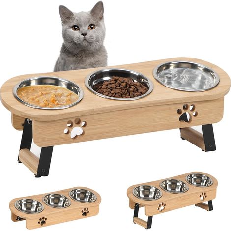 Raised Cat Bowl - Feeder with 3 Height Adjustable Bowls, Stainless Steel Stand for Food (Yellow Bamboo) (1/5)