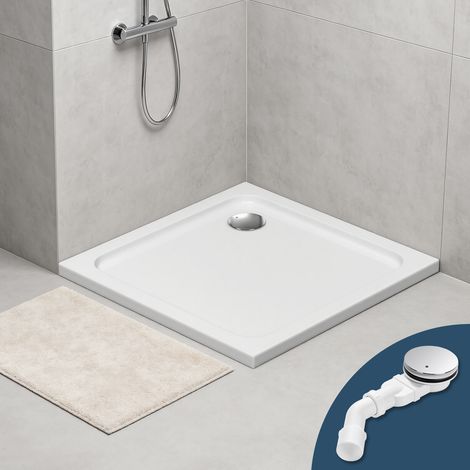 Wolketon Receveur de douche extra-plat 80 x 80 cm carré blanc avec évacuation Ø 90 mm noire (1/5)