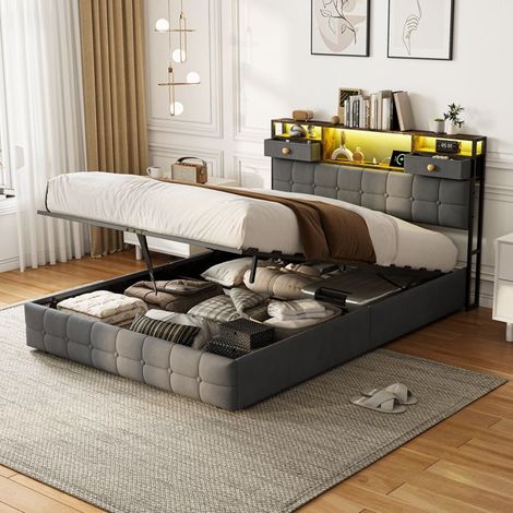 Bett 140x200 cm mit Stauraum und Lattenrost, Doppelbett 140x200 cm mit LED-Beleuchtung, Erwachsenenbett aus Metall, Samt
