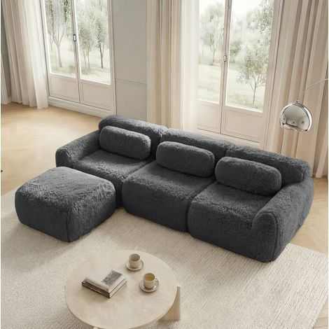 Sofá modular en L sin montaje de felpa gris OKMYHOME (1/5)