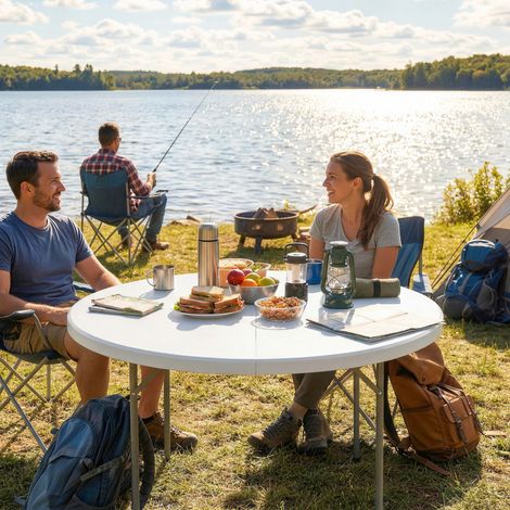 Table ronde pliante de camping en métal blanc HDPE 120x120x74 cm