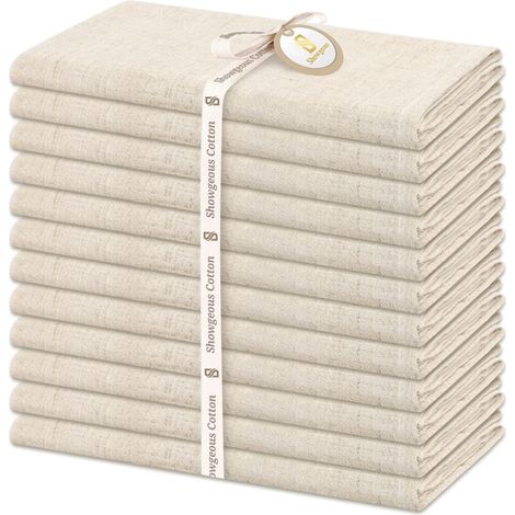 12 Paquets de Serviettes en Coton Lin 40 x 40 cm Serviettes de Table en Tissu Coton Lin lavables et réutilisables Dîner de Mariage et fêtes (Beige) (1/5)