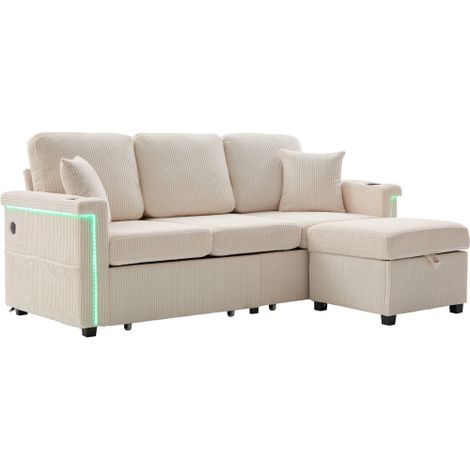 Canapé velours beige avec LED, USB-C, rangement, porte-gobelets et poches (1/5)