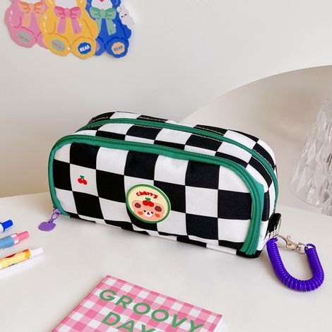 Trousse à crayons mignonne, grande capacité, large ouverture, rangement multi-couches et classifié, boîte à fournitures scolaires, motif ours en grille noir et blanc (1/5)