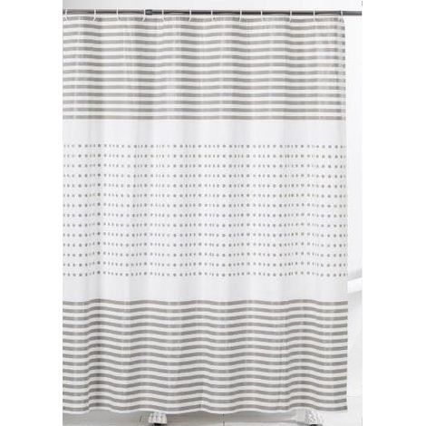 Cortina de ducha de 180 x 180 cm, de PEVA, con estampado de 3 rayas blancas y beige con puntos. (1/2)