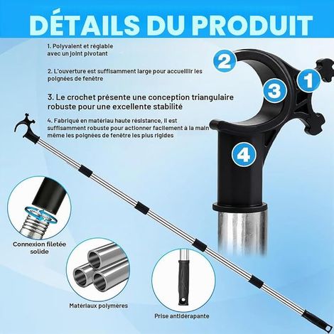 Telescopic Rod for Roof Blinds and Windows, 1.85 m Telescopic Pole Designed to Control Skylights with Universal Hook for Roof Windows and Roller Blinds (1/2)