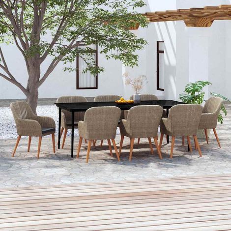 Ensemble salle à manger de jardin 9 places – Table 200x100 cm en verre et acacia, 8 chaises en résine tressée avec coussins gris – Marron (1/5)
