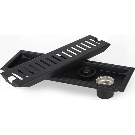 LALAGO Siphon de Sol Rectangulaire, 30x10cm Grille Gouche Anti Cheveux, Noir Caniveau de Bonde Douche, Siphon de Sol Douche avec Double Filtre, Détachable Drainage Bouchon Douche Anti Odeur (Latéral) (1/5)