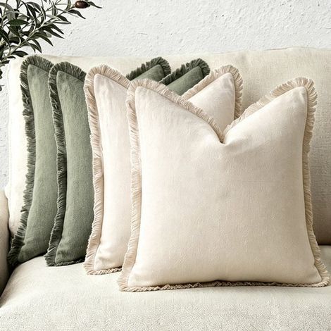 Juego de 4 fundas decorativas de lino para cojines con flecos. Fundas acogedoras de estilo bohemio con borla，color verde militar，45 x 45 cm，verde (1/5)