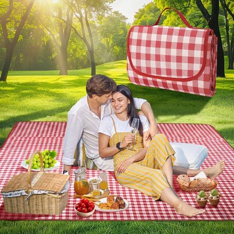 Manta de picnic de 200 x 200 cm, roja, plegable con asa, impermeable, para el parque, paseos y acampadas, ideal para salidas familiares. (1/5)