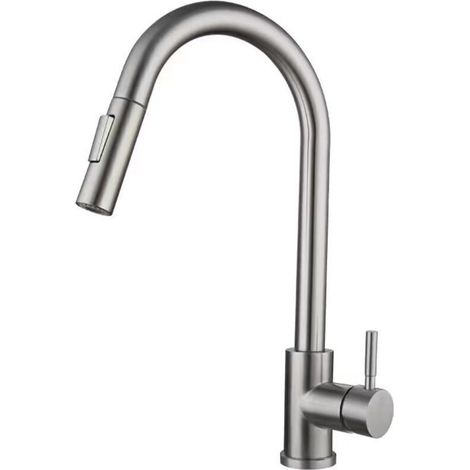 Robinet de cuisine pivotant à 360° avec douchette extractible, mitigeur haute pression en acier inoxydable et nickel brossé.
