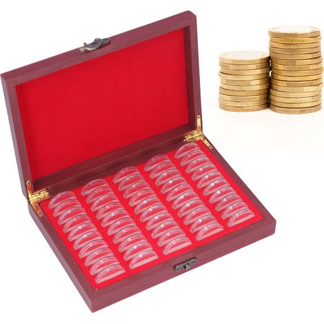 Boîte de rangement vintage en bois pour 50 pièces de monnaie, avec étui de protection transparent, idéale pour les collectionneurs. Cadeau parfait. (1/5)