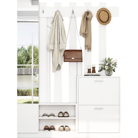 Garderobenset mit Spiegel mit 2 Klapptüren und 5 Haken, Schuhschrank und Ablagen, aus Spanplatte, 135×25×180 cm, Weiß (1/5)