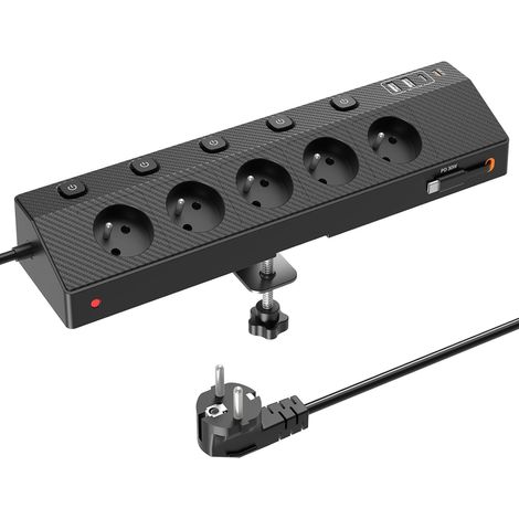1 Multiprise Avec 5 Prises Secteur, 5 Ports USB, Interrupteurs Individuels, Protection Surtension, Pour Bureau Et Maison