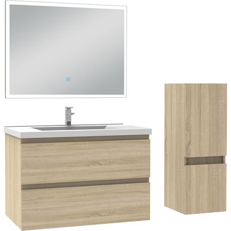 Ensemble meuble de salle de bain 80cm, vasque céramique + colonne bas + miroir lumineux, chêne