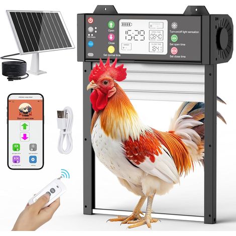 Porte Automatique Poulailler Solaire, TUYA App Montre l'état en Temps réel, reconnection WiFi, avec écran LCD, 4000mAh Alimentation par Batterie, Capteur de Lumière et Minuteur, télécommande Noir XL (1/5)