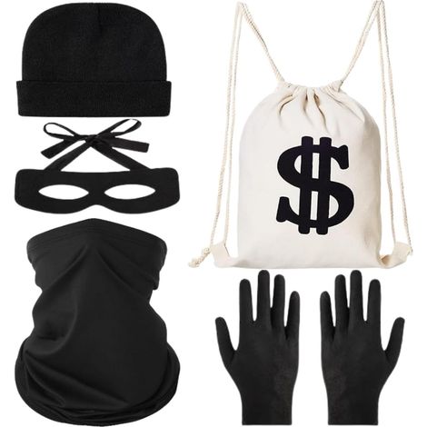 Bank robber costume, burglar disguise, eye mask, handbag, cap, gloves, scarf for carnival, cosplay, theme party (1/5)