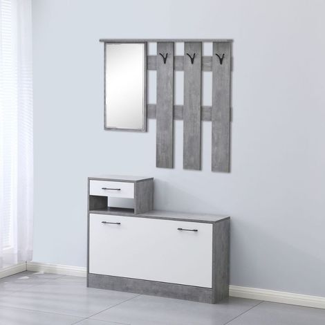 Mobile ingresso con specchio e appendiabiti colore cemento e bianco 100 cm - Rudolf XL (1/4)