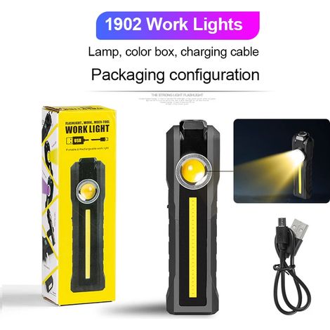 Projecteur magnétique COB (lumière chaude) - Rechargeable par USB - 4 modes d'éclairage - Usage d'urgence - Réparable - Avec crochet (1/4)