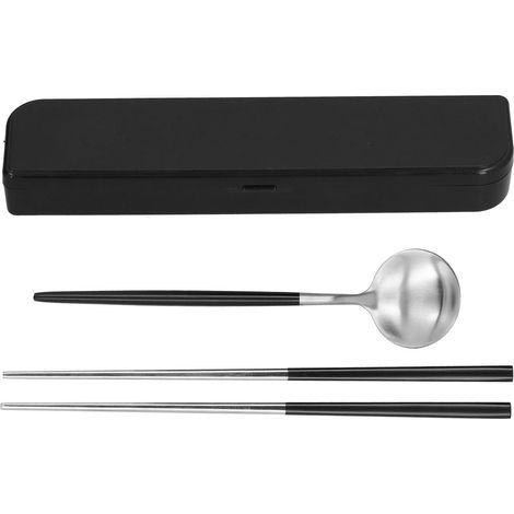 Ensemble de couverts en acier inoxydable portable - Fourchette et baguettes pour école, voyage et plein air - Noir et argent