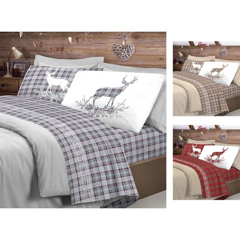 Completo Lenzuola Flanella Pensieri Delicati 100% Cotone Disegno Cervo Tartan, misuraMatrimonialecoloreRosso